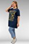 68502 Large Size Combed Cotton T-Shirt with Collar and Printed Front - Petrol - 4