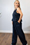 Women's Navy Blue Belted Trousers Set - Comfortable Fit with Elastic Waist, Two-Piece Set - 6