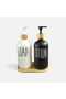 Set of 2 Porcelain Soap Dishes Black White 500 ml with Wooden Stand Pump