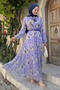 Soft Patterned Collar Belted Lilac Chiffon Dress