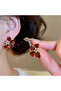 Burgundy Enamel Flower Earrings - 4