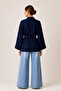 Women's Navy Blue Kimono Jacket - Oversized Belted Woven Tok Fabric - 70 cm - 4