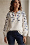 Women's White-Collared Tasseled Embroidered Cotton Blouse - 2
