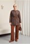Top with Buttons, Pockets, Belt, Patterned Pants Dabıl Set - Tan - 3