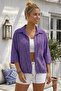 Purple Shirt Collar 3/4 Sleeve Buttoned Pocket Hole Embroidered Casual Cotton Woven Shirt 63 60 - 4