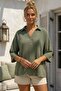 Khaki Shirt Collar Buttoned 3/4 Sleeve Casual Muslin Oversize Woven Blouse 67 65 - 4