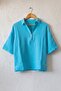 Turquoise Shirt Collar Buttoned 3/4 Sleeve Casual Muslin Oversize Woven Blouse 67 65 - 2
