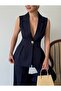 Women's Majeste Navy Blue Blazer Vest Wide Leg Pants Suit - 2