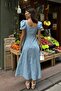 Women's Blue Square Collar Balloon Sleeve Lined Brode Woven Dress - 6