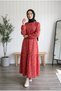 Women's Red Floral Patterned Dress - 130 cm Tiered Skirt Detailed Dress with Belted Waist
