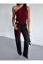 Women's Burgundy One-Shoulder Belted Buckle Sandy Fabric Blouse - 2