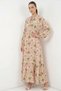 Women's Round Neck, Drawstring Waist, Long Sleeve, Floral Patterned Viscose Powder Hijab Dress - 3