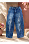 Plus Size Denim Elastic Waist Stoned Ripped Detailed Loose Cut Women's Trousers