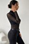 Women's High Neck Long Sleeve Tulle Transparent Blouse - 3