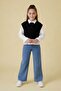 Girl's 3-Piece Set with Black Pompom Sweater, Shirt and Jeans 24105 - 3