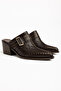 Bitter Brown Flat Matte Leather Studded Detail Closed Front Open Back Heeled Western Cowboy Mules Slippers