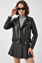 Women's Classic Collar Faux Leather Look Black Jacket