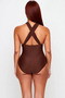 Women's Plus Size Swimsuit V-Neck Sleeveless Crossed Back Waist Drawstring Detail Draped Knitted Covered Swimsuit - 5