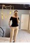 Women's Black Color Lace-Up Madonna Carmen Collar Short Sleeved Cotton Modal Body Blouse - 6