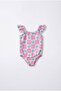 Girl's Cotton Pink Checkered Floral Patterned Swimsuit