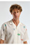 Men's White Cotton Linen Blend Patterned Bowling Collar Short Sleeve Shirt - 2