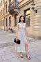 Puantated Dress with Neck Tie and Slit