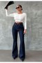 Navy Blue High Waist Spanish Leg Jean Trousers - 4