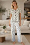 Floral Patterned Cotton Boat Neck Wrinkled Soft Summer Pajama Set White