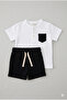 Baby Boy Henley Collar Cotton Shorts Set - White & Black - 2
