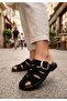 Black Suede Cross-Strapped Cage Design Daily Comfort Slippers - 4