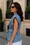 Levure Women's Belt and Sleeve Ends with Staple Detail Open Double-Breasted Loose Oversized Denim Vest - 3
