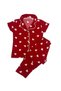 Girl's Cotton Red Color Heart Patterned Shirt Collar Buttoned Short Sleeve Pajama Set - 3