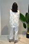 Organza Fabric Top Jacket with Stone Buttons and Patterned Jacket Trouser Set 14396 Ecru - 4