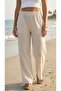 Oroverde Trend Keten Pants Beige Striped Elastic Waist Wide Leg Pants with Pockets - 2