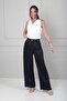 Women's High Waist Elastic Back Pocket Self-Patterned Wide Leg Satin Palazzo Trousers - 3