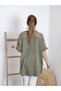 Women's Khaki Mesh Detailed Pocketed Cotton Linen Loose Bohemian Pinterest V-Neck Short Sleeve Blouse Tunic - 5