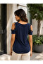 Women's Round Neck Viscose Blouse with Open Shoulder Detail - 5