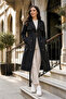 Women's Black Double-Breasted Trench Coat with Belt, Water-Repellent Long Overcoat - 3