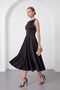 Women's Black Thick Strap Belted Midi Evening Dress - 2