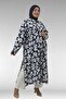 68045 Plus Size Mango Tunic with Curled Sleeves - Leaf Pattern Navy Blue