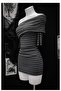 Madonna Collar Striped Off-Shoulder Slim Fit Dress - 2