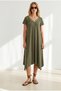 Women's Khaki V-Neck Skirt Asymmetrical Knitted Viscose Dress Elb-19002664
