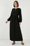 Women's Black Hijab Dress with Belted Balloon Sleeves and Baglama Detail