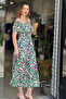 Women's Patterned Low Collar Gathered Waist Long Dress - 4