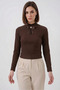 Women's Turtleneck Brown Blouse with Ribbon Detail - 4