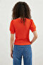 Women's Square Neck Short Sleeve Puffy Orange Blouse - 4