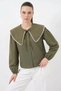 Women's Baby Collar Scallop Detail Cotton Khaki Shirt