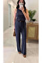 Janly Navy Blue Belted Blouse and Trousers Set - 3