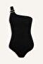 Regular Fit Wrinkled Textured Fabric One-Shoulder Black Swimsuit G8649Ax26Sm - 5