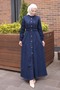 Navy Blue Elastic Waist Buttoned Denim Dress - 2